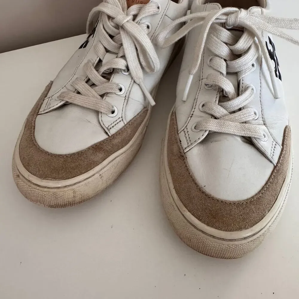 Tory Burch White Leather Andrea Color Block Logo Court Sneakers Womens Size 8